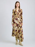 Proenza Schouler Front full length image of model wearing Joelle Skirt in Printed Silk Viscose in Rust Multi