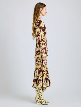  Proenza Schouler Side full length image of model wearing Adela Top in Printed Silk Viscose in Rust Multi