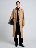 Proenza Schouler Front full length image of model wearing Juliette Coat in Brushed Wool in CAMEL