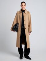 Proenza Schouler Front full length image of model wearing Juliette Coat in Brushed Wool in CAMEL