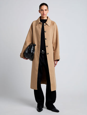Proenza Schouler Front full length image of model wearing Juliette Coat in Brushed Wool in CAMEL