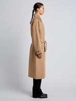 Proenza Schouler Side full length image of model wearing Juliette Coat in Brushed Wool in CAMEL