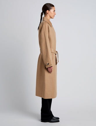 Proenza Schouler Side full length image of model wearing Juliette Coat in Brushed Wool in CAMEL