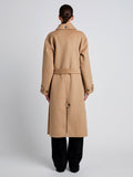 Proenza Schouler Back full length image of model wearing Juliette Coat in Brushed Wool in CAMEL
