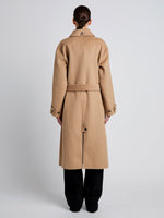 Proenza Schouler Back full length image of model wearing Juliette Coat in Brushed Wool in CAMEL