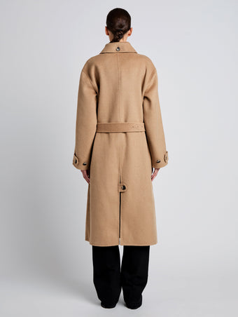 Proenza Schouler Back full length image of model wearing Juliette Coat in Brushed Wool in CAMEL