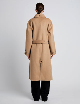 Proenza Schouler Back full length image of model wearing Juliette Coat in Brushed Wool in CAMEL