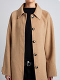 Proenza Schouler Detail image of model wearing Juliette Coat in Brushed Wool in CAMEL