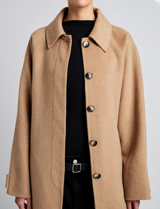 Proenza Schouler Detail image of model wearing Juliette Coat in Brushed Wool in CAMEL