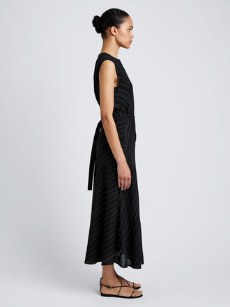 Proenza Schouler side image of model wearing Kaia Skirt in Woven Stripe Flou in black/chalk