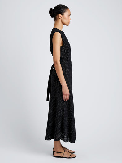 Proenza Schouler side image of model wearing Kaia Skirt in Woven Stripe Flou in black/chalk