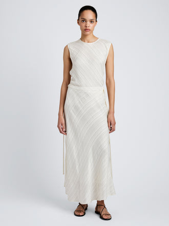 Proenza Schouler front image of model wearing Kaia Skirt in Woven Stripe Flou in chalk/black