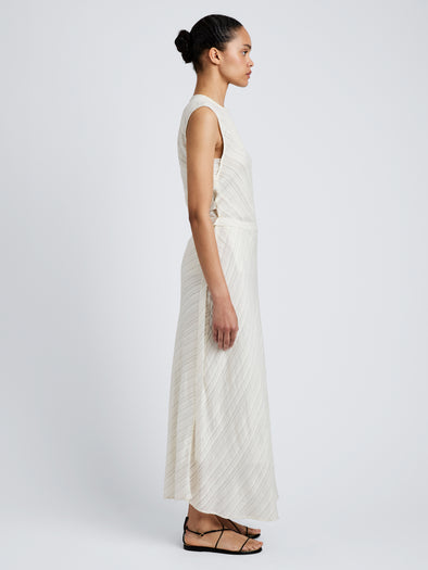 Proenza Schouler side image of model wearing Kaia Skirt in Woven Stripe Flou in chalk/black