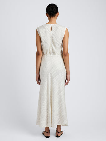 Proenza Schouler back image of model wearing Kaia Skirt in Woven Stripe Flou in chalk/black