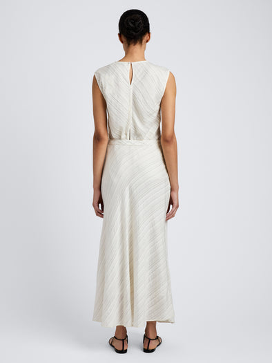 Proenza Schouler back image of model wearing Kaia Skirt in Woven Stripe Flou in chalk/black