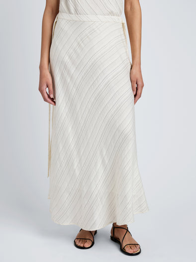 Proenza Schouler detail image of model wearing Kaia Skirt in Woven Stripe Flou in chalk/black
