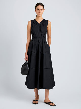 Proenza Schouler Front full length image of model wearing Kailey Dress in Stretch Poplin in Black