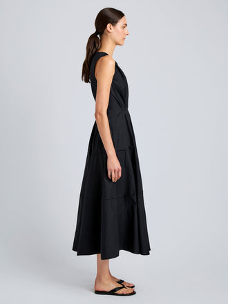 Proenza Schouler Side full length image of model wearing Kailey Dress in Stretch Poplin in Black