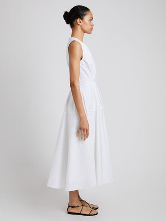 Proenza Schouler Side full length image of model wearing Kailey Dress in Stretch Poplin in White