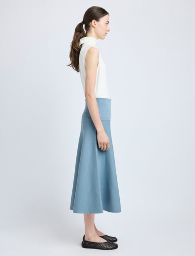 Proenza Schouler Side full length image of model wearing Katalina Skirt in Souffle Knit in LARK BLUE