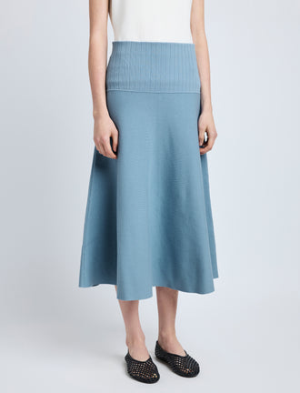 Proenza Schouler Detail image of model wearing Katalina Skirt in Souffle Knit in LARK BLUE