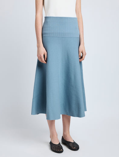 Proenza Schouler Detail image of model wearing Katalina Skirt in Souffle Knit in LARK BLUE