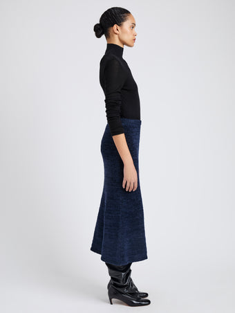 Proenza Schouler Side full length image of model wearing Kerry Skirt in Marled Cotton in Navy Black Ombre