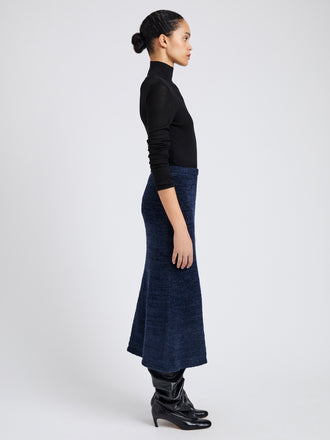 Proenza Schouler Side full length image of model wearing Kerry Skirt in Marled Cotton in Navy Black Ombre