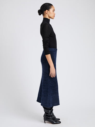 Proenza Schouler Side full length image of model wearing Kerry Skirt in Marled Cotton in Navy Black Ombre