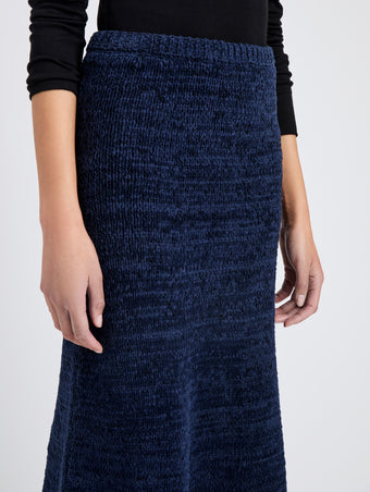Proenza Schouler detail image of model wearing Kerry Skirt in Marled Cotton in Navy Black Ombre