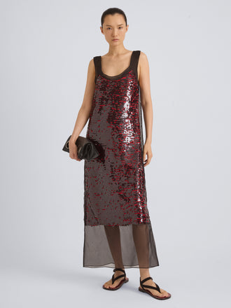 Proenza Schouler Front On Model Image of LEILANI DRESS IN GIRO INGLESE SEQUIN EMBROIDERY in Red/Grey
