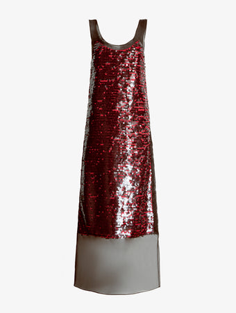 Proenza Schouler Still Life Image of LEILANI DRESS IN GIRO INGLESE SEQUIN EMBROIDERY in Red/Grey