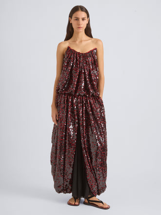 Proenza Schouler Front On Model Image of LUCIENNE DRESS IN GIRO INGLESE SEQUIN EMBROIDERY in Red/Grey