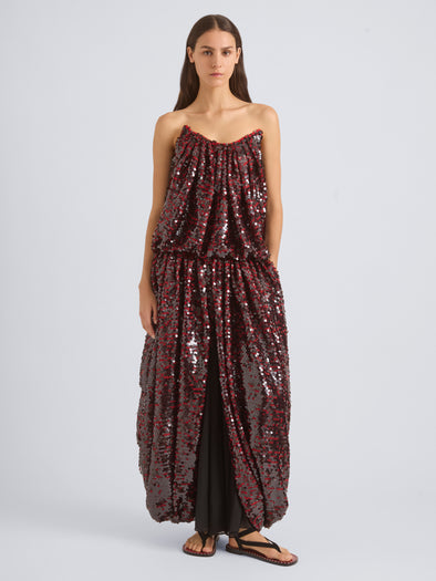 Proenza Schouler Front On Model Image of LUCIENNE DRESS IN GIRO INGLESE SEQUIN EMBROIDERY in Red/Grey
