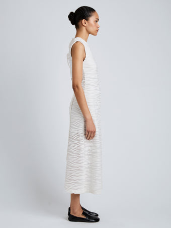 Proenza Schouler Side full length image of model wearing Laura Dress in Textured Cotton in White