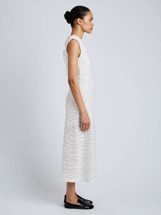 Proenza Schouler Side full length image of model wearing Laura Dress in Textured Cotton in White