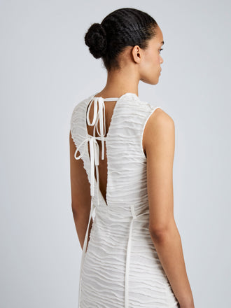 Proenza Schouler Detail image of model wearing Laura Dress in Textured Cotton in White