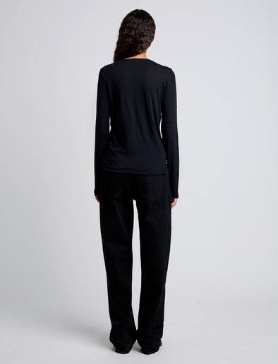 Back image of model wearing Solid Tissue Jersey Long Sleeve Tee in Black