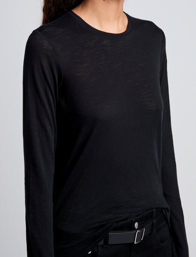 Detail image of model wearing Solid Tissue Jersey Long Sleeve Tee in Black