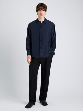 Proenza Schouler Front full length image of model wearing Louis Shirt in Silk in Dark Navy