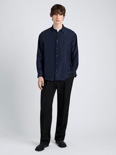 Proenza Schouler Front full length image of model wearing Louis Shirt in Silk in Dark Navy