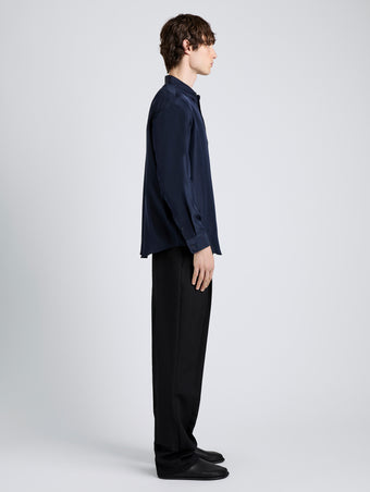 Proenza Schouler Side full length image of model wearing Louis Shirt in Silk in Dark Navy