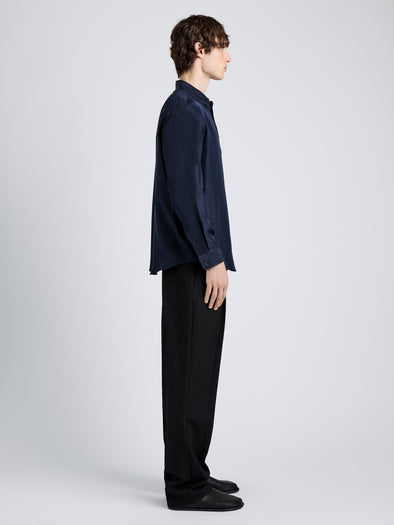 Proenza Schouler Side full length image of model wearing Louis Shirt in Silk in Dark Navy