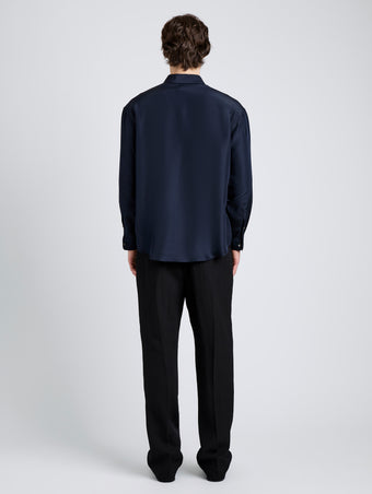 Proenza Schouler Back full length image of model wearing Louis Shirt in Silk in Dark Navy