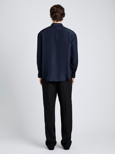 Proenza Schouler Back full length image of model wearing Louis Shirt in Silk in Dark Navy