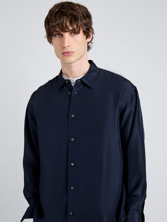 Proenza Schouler Detail image of model wearing Louis Shirt in Silk in Dark Navy