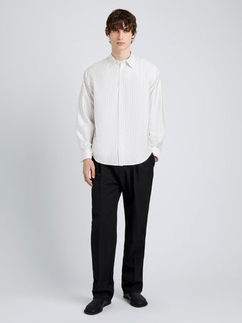 Proenza Schouler Front full length image of model wearing Louis Shirt in Stripe Silk in White/ Black