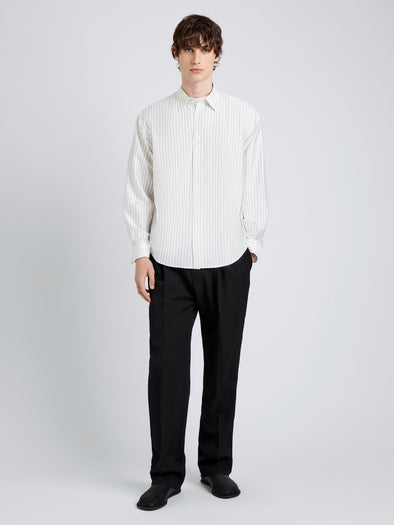 Proenza Schouler Front full length image of model wearing Louis Shirt in Stripe Silk in White/ Black