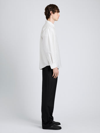 Proenza Schouler Side full length image of model wearing Louis Shirt in Stripe Silk in White/ Black