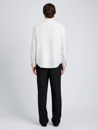 Proenza Schouler Back full length image of model wearing Louis Shirt in Stripe Silk in White/ Black